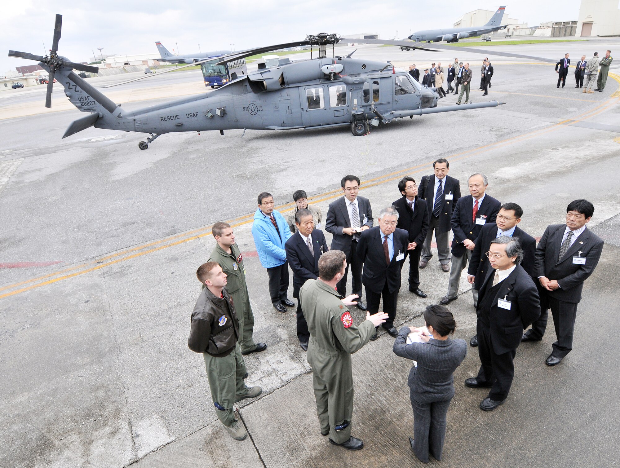 Brig. Gen. Ken Wilsbach and Japanese civic leaders were given the opportunity to speak to aircrew about their respective aircraft during a base tour Feb. 19, 2010, at Kadena Air Base, Japan. General Wilsbach is the commander of the 18th Wing. (U.S. Air Force photo/Tech. Sgt. Rey Ramon)                                           
