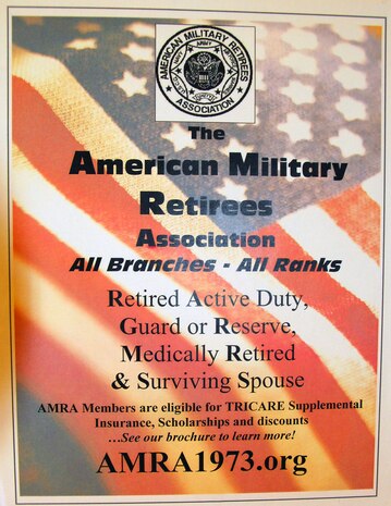 An informative poster for the American Military Retirees Association was posted at a meeting held in the Charleston Club here Feb. 20. The meeting was set to provide information about the AMRA's objectives and intent to start a new South Carolina chapter. The next meeting is scheduled for March 6. (U.S. Air Force photo/Staff Sgt. Daniel Bowles)