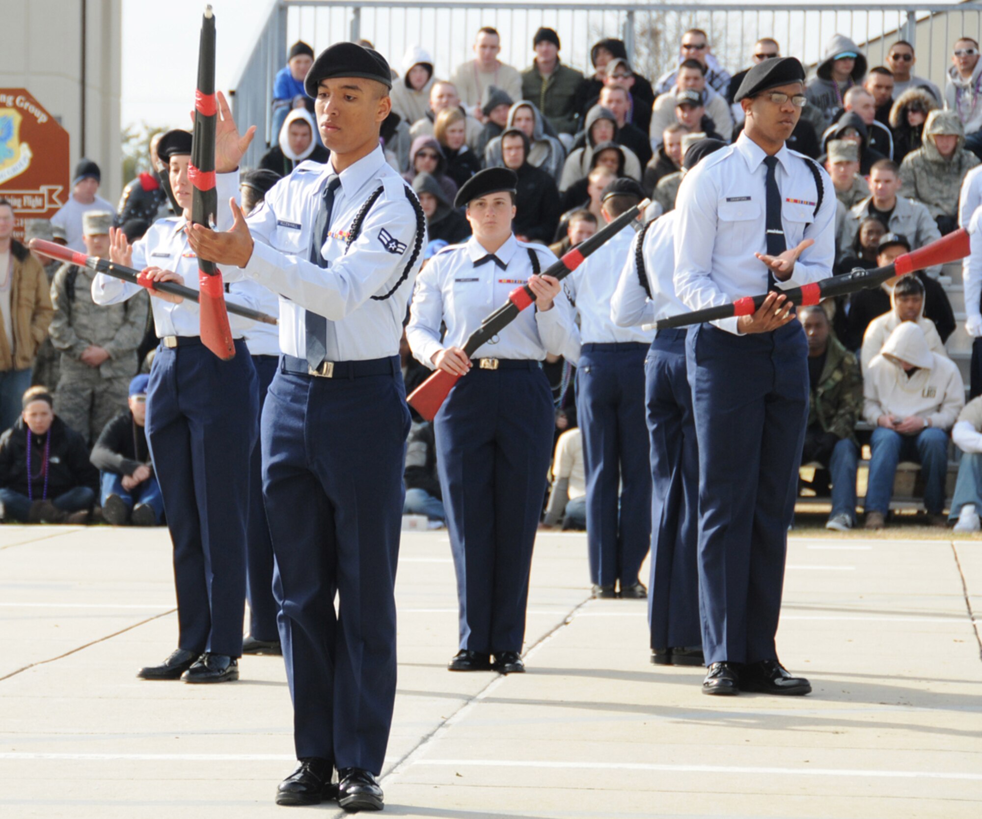 Airman 1st Class Marcus Allen-Hall leads the 338th TRS team in the freestyle drill category. The Dark Knights, second place team overall, came in second place in all three categories.  The 338th TRS is last year’s defending drill down champ.  (U.S. Air Force photo by Kemberly Groue)