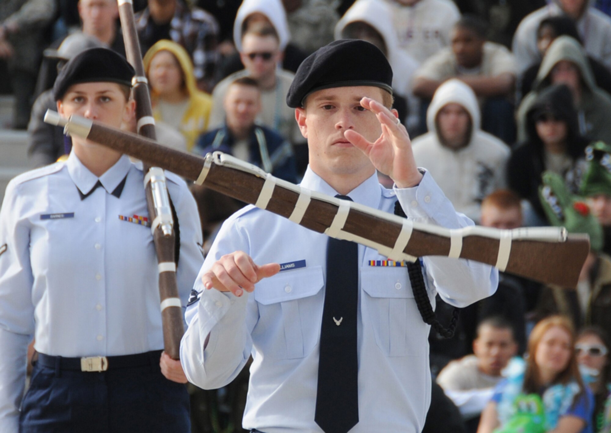Airman Brett Williams, 335th TRS, twirls his rifle during the freestyle competition.  (U.S. Air Force photo by Kemberly Groue)