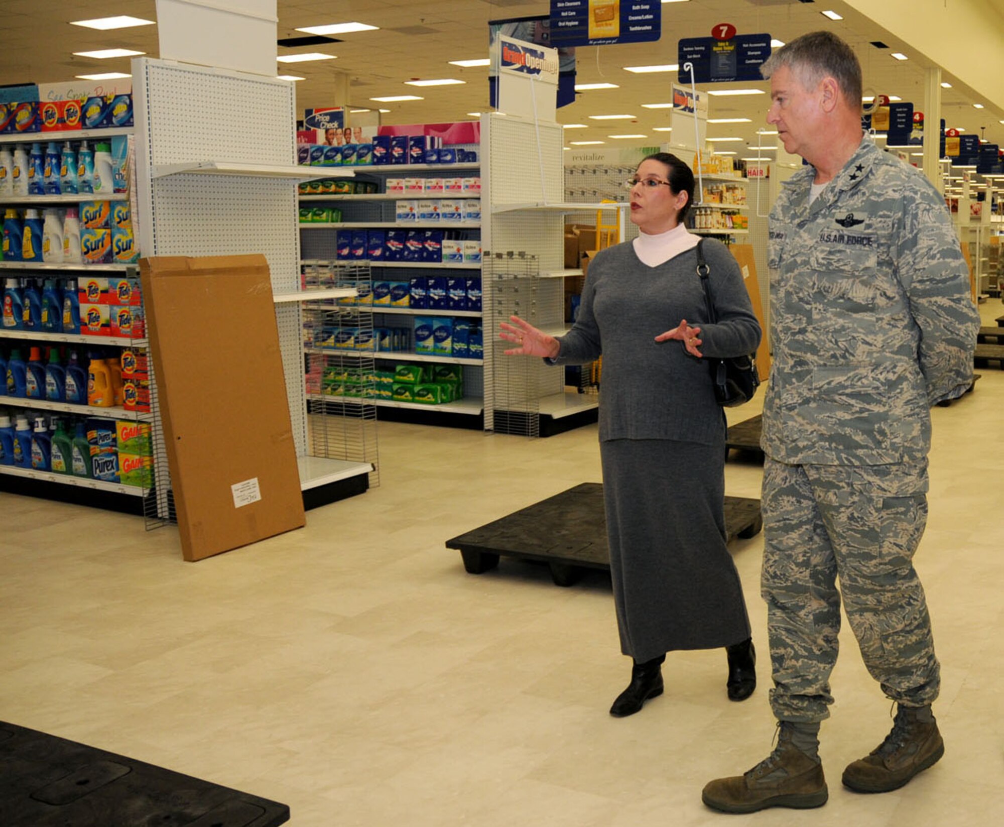 Penny Madison, general manager of Army and Air Force Exchange Service at Keesler, gives General Przybyslawski a tour of the new base exchange.  He also visited other facilities nearing completion, such as the commissary, satellite pharmacy, fire station and Bay Breeze Events Center.  (U.S. Air Force photo by Penny Madison, general manager of Army and Air Force Exchange Service at Keesler, gives General Przybyslawski a tour of the new base exchange.  He also visited other facilities nearing completion, such as the commissary, satellite pharmacy, fire station and Bay Breeze Events Center.  (U.S. Air Force photo by Kemberly Groue)