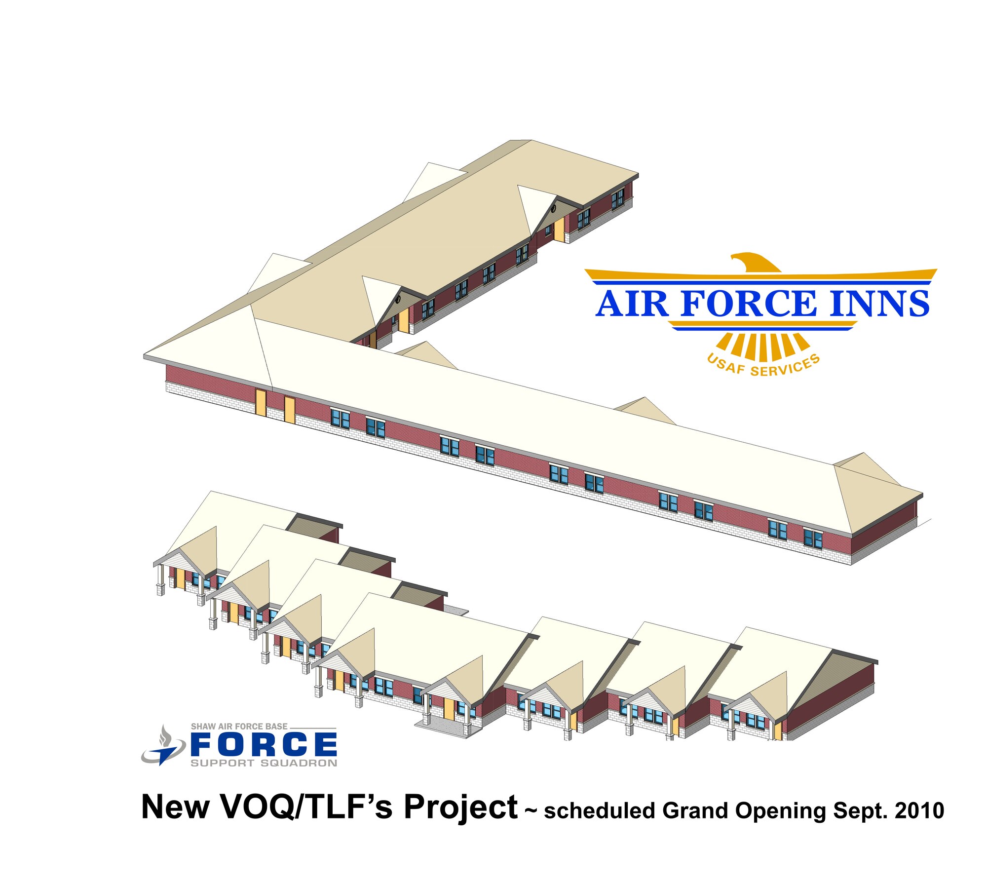 SHAW AIR FORCE BASE, S.C. -- Seven new, two-bedroom temporary lodging units and 17 new visitors' quarters are currently springing up on Myers Street. This is an architect's rendering of the project, Shaw's first new temporary lodging in more than 40 years. The estimated $6.5 million project is scheduled to be completed this fall.  (Courtesy image)