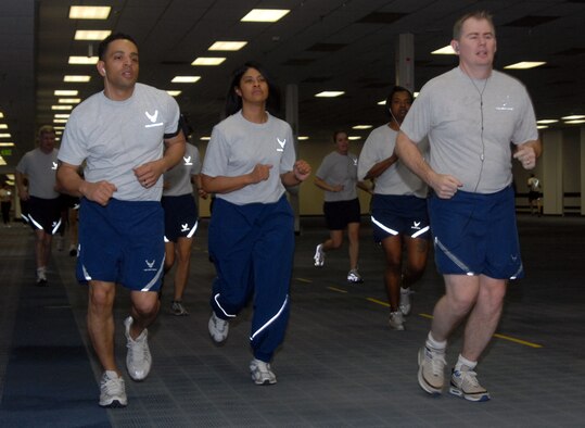 Members of the Air Reserve Personnel Center run here as part of the ARPC physical training program Feb. 23. (U.S. Air Force photo by Dwayne Beuthel.)