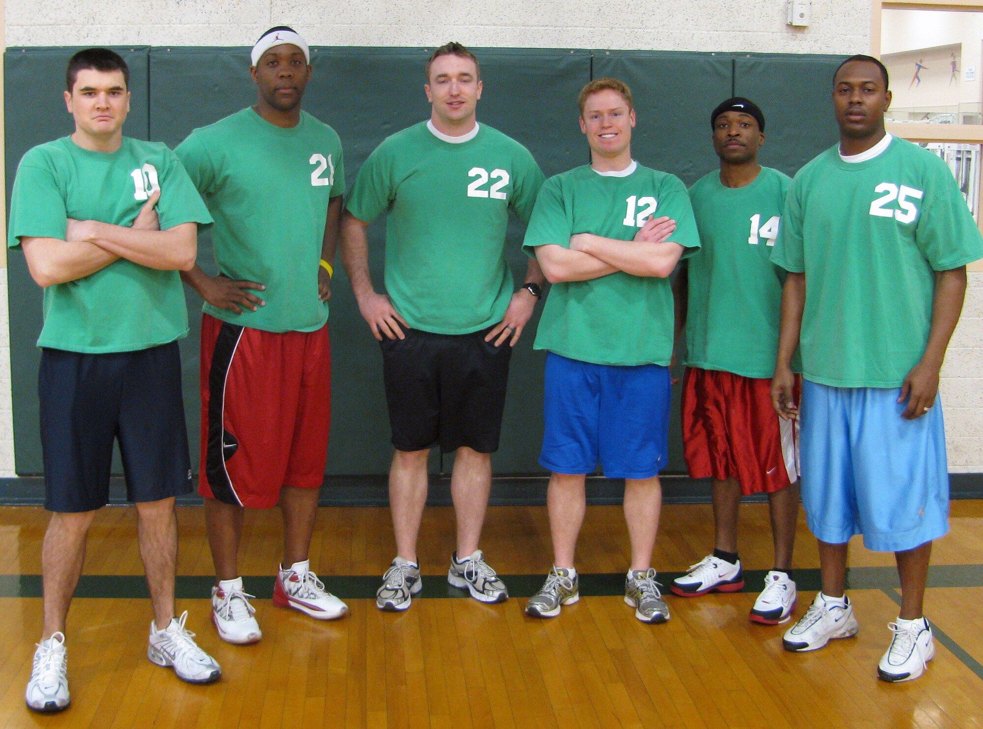 Vance AFB Dodgeball Tournament competitors The Ringers pose for a team photo just before winning the tournament's championship match. Team members from left to right are: Austin Foutes, Thomas Hardy, Aaron Shanor, Alex Prevendar, Trae Clark, and Omar Robinson. (U.S. Air Force Photo/ Elaine Johns)