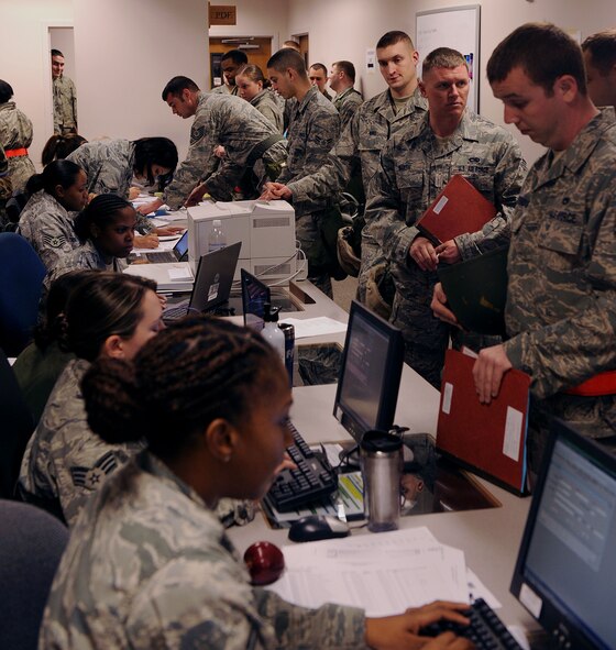 MOODY AIR FORCE BASE, Ga. -- Moody Airmen process through a personnel deployment function processing line during a Phase I Operational Readiness Exercise here Feb. 22. This is the final exercise before the upcoming Operational Readiness Inspection scheduled for March 8-12. (U.S. Air Force photo by Airman 1st Class Joshua Green)
