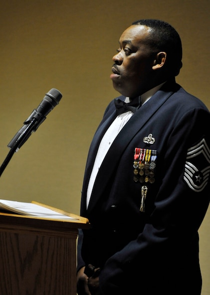 MOODY AIR FORCE BASE, Ga. -- Chief Master Sgt. Kenneth Lilly, 23rd Wing weapons manager, sings the National Anthem during the Chief’s Recognition Ceremony here Feb. 20. Only one percent of the Air Force's total enlisted force can hold the rank of chief master sergeant. Professional warriors of the world's most feared and respected air and space force dedicated to the preservation of our country's freedom - the chief master sergeant of the U.S. Air Force. (U.S. Air Force photo by Staff Sgt. Schelli Jones)
