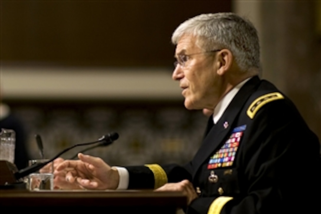 Army Chief of Staff Gen. George W. Casey Jr. testifies before the Senate Armed Services Committee about the Army's 2011 fiscal year budget during a hearing in Washington, D.C., Feb. 23, 2010.  
