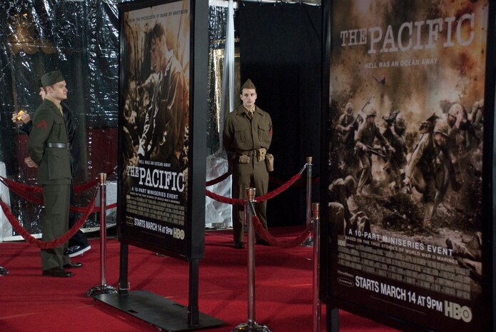 Actors dressed in World War II-era Marine uniforms stood as ushers as HBO tried to create a nostalgic atmosphere at the premiere and after party, complete with 1940s regalia and cultural staples of the time.