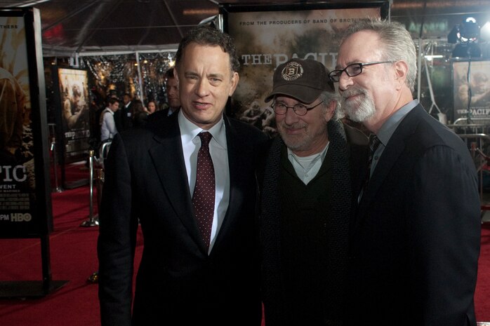 Executive Producers Steven Spielberg, Tom Hanks and Gary Goetzman pose for pictures on the red carpet at HBO's Hollywood premiere for 'The Pacific' at Grauman's Chinese Theater Feb. 24. The same A-list trio that brought Stephen Ambrose's book 'Band of Brothers' to the screen in 2001 unveiled the first episode of their long-awaited follow-up to 'Band of Brothers.'