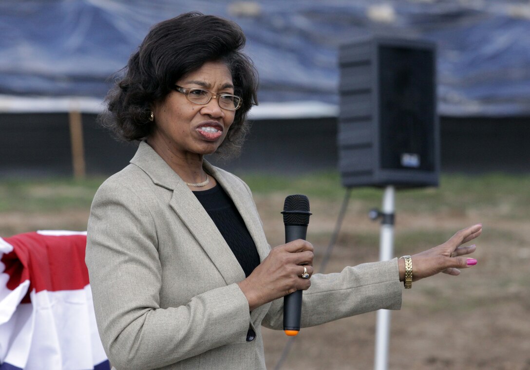 Gladys J. Commons, the assistant secretary of the Navy for financial management and comptroller, speaks to the crowd at the groundbreaking ceremony for Camp Pendleton’s sixth child development center to be located in the De Luz Housing Area, Feb. 25. The CDC was funded by the American Recovery and Reinvestment Act of 2009 and will be able to accommodate up to 250 military children when it opens in February 2011.