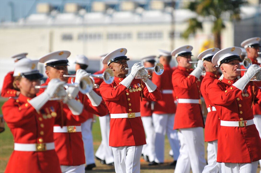 Staff Sgt. Randy Rivera, soprano bugler with the U.S. Marine Corps Drum and Bugle Corps, performs during a dress rehearsal at the Marine Corps Air Station in Yuma, Ariz., on Feb. 24, 2010. The Marine Corps Battle Color Detachment, made up of the Drum and Bugle Corps, the Marine Corps Color Guard and the Silent Drill Platoon, kicked off its annual spring tour in Yuma on Feb. 26-27 with performances on the air station and at two local high schools. Based in Washington, D.C., the Marines spend several weeks rehearsing in Yuma's mild winter each year before touring.