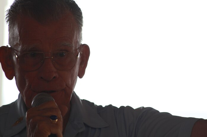 Retired Master Gunnery Sgt. Robert E. Talmadge, The Chosin Few's Aloha Chapter president, gives a Korean War presentation to service members with U.S. Marine Corps Forces, Pacific, Feb. 25 at the Sunset Lanai, Camp H.M. Smith, Hawaii. Talmadge was a supply sergeant with 1st Engineer Battalion, 1st Marine Division, during the Korean War.