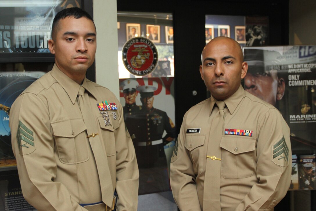 Sergeants Raphie Mercado, left, and Natividad Herrera Jr., right, both assigned to Recruiting Station Los Angeles, helped a family and their 11-month-old son Feb. 23. When the two Marines realized the child wasn’t breathing, they acted instinctively to aid in the child’s recovery.