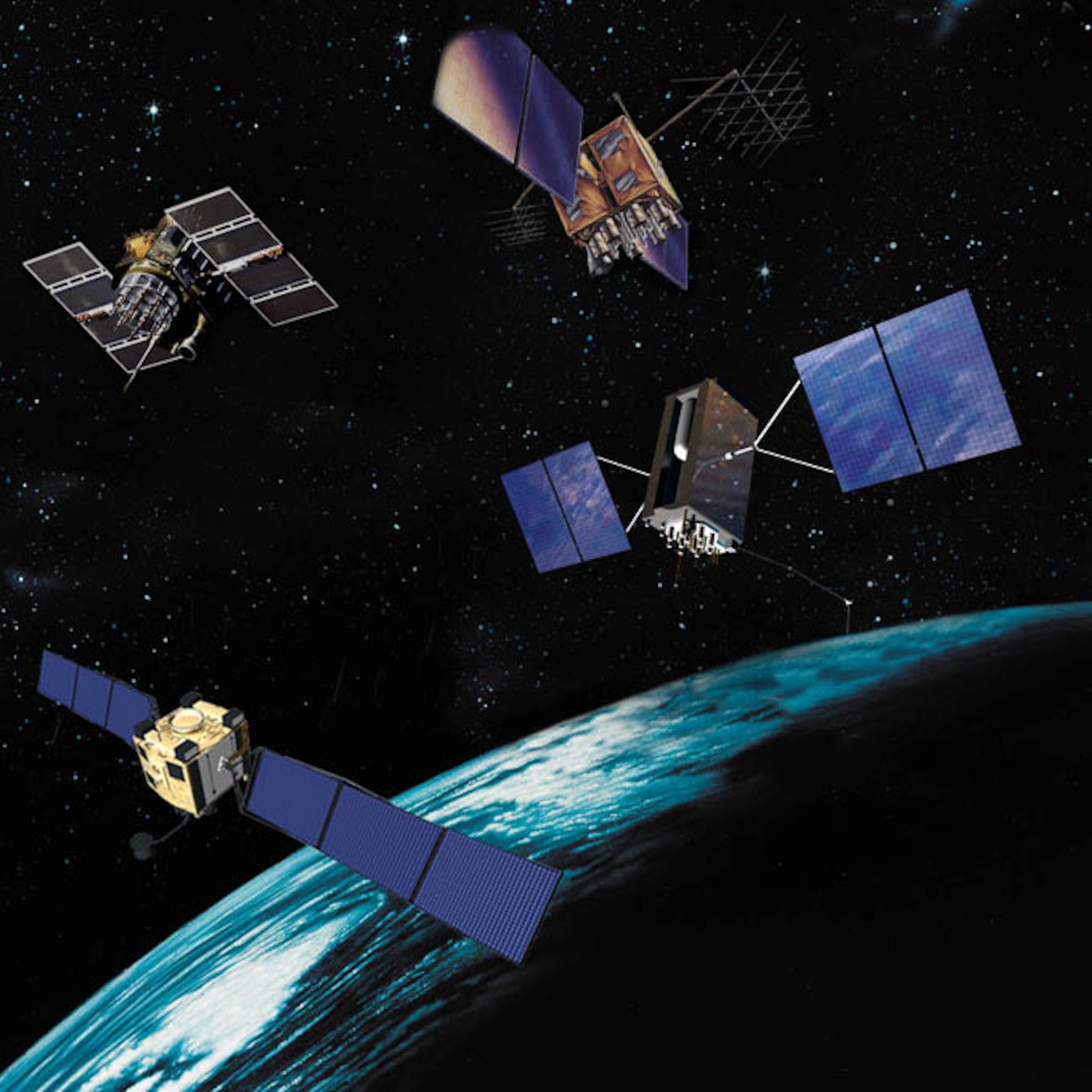 GPS Satellites II, IIR, IIF and III pictured over the Earth.

