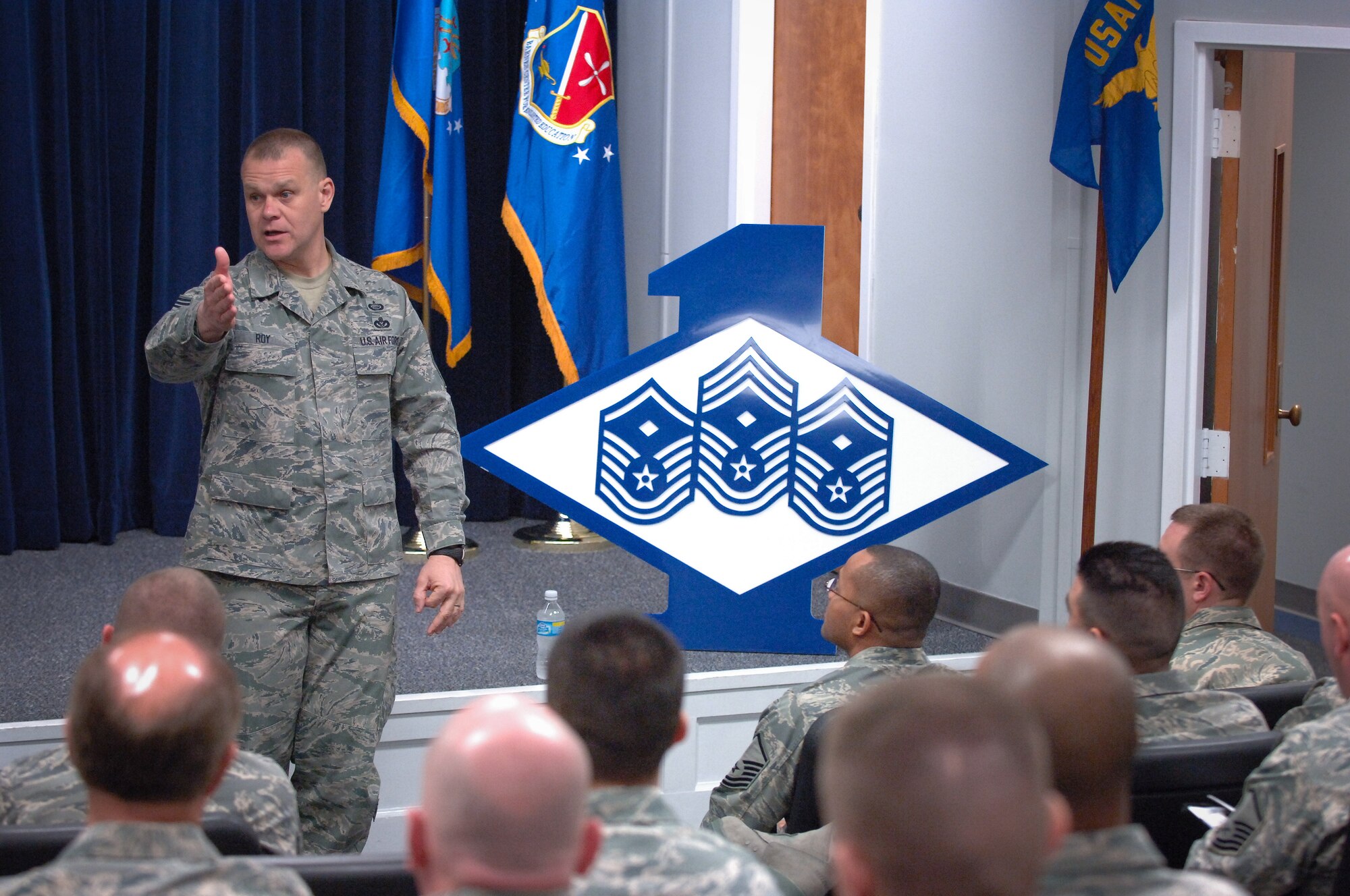 Chief Master Sergeant of the Air Force James Roy speaks to the staff, faculty and students of the Air Force First Sergeants Academy during his visit to Maxwell-Gunter Feb. 22-24. (Official Air Force Photo by Melanie Rodgers-Cox)