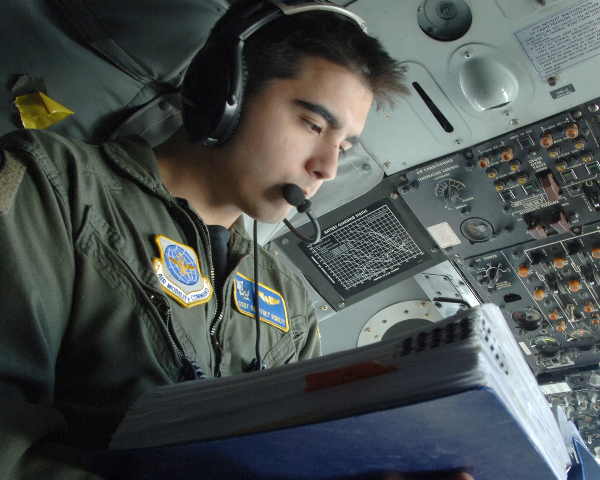 Staff Sgt. Geoffrey R. Schultz, 905th Air Refueling Squadron boom operator, reviews the operating instructions for a KC-135 Stratotanker during an incentive flight Feb. 24. Incentive flights give Airmen an opportunity to see the 319th Air Refueling Wing’s primary mission first-hand. During this particular flight, Airmen witnessed boom operators refuel a B-52 Stratofortress. (U.S. Air Force photo by Senior Airman R. Michael Longoria)