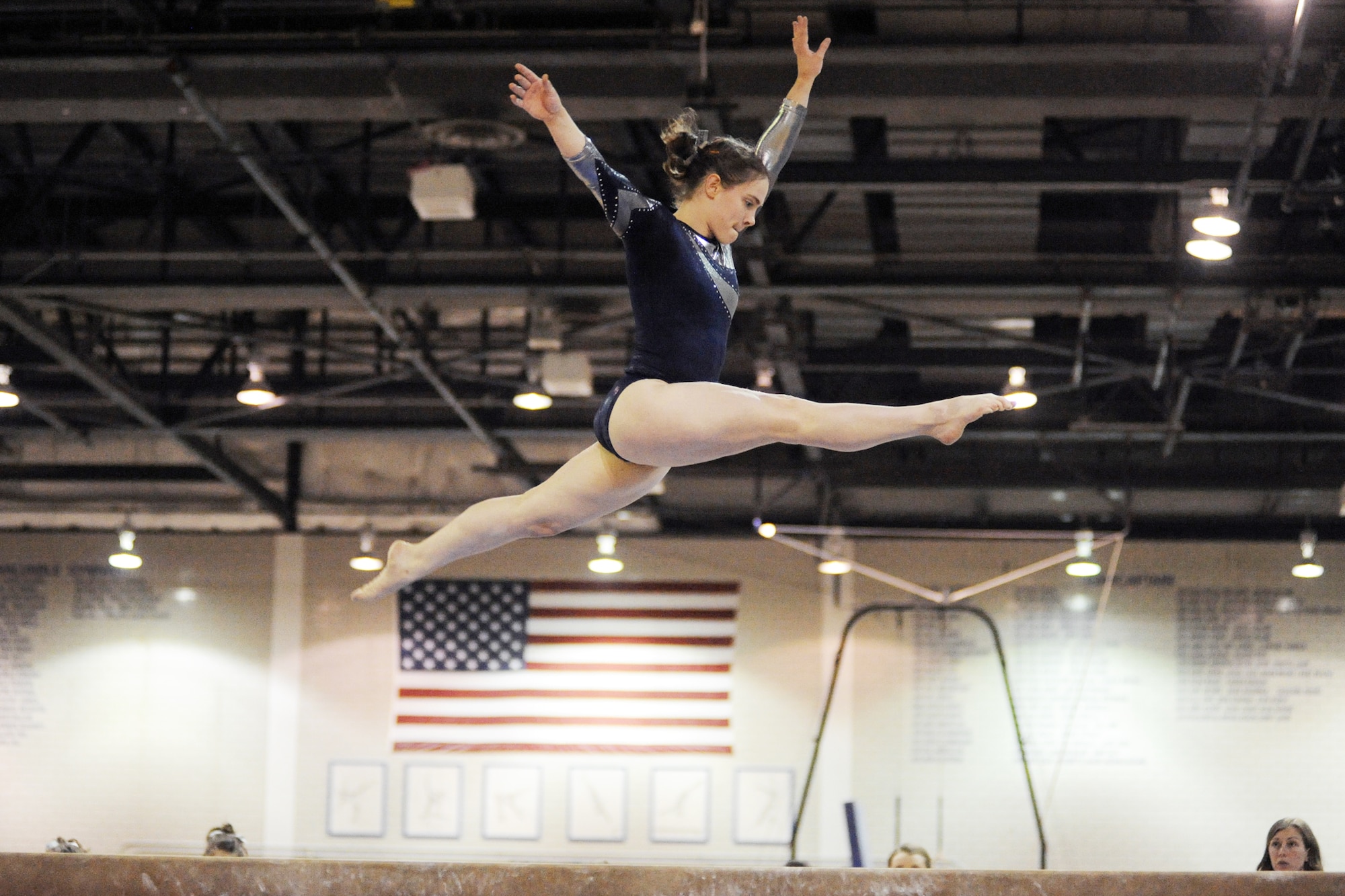 Falcon sophomore Jenna Dudley competes on the balance beam during the home tri-meet against Southeast Missouri State and Seattle-Pacific in the U.S. Air Force Academy's Cadet Gym Feb. 20, 2010. Air Force placed second in the team competition. (U.S. Air Force photo/J. Rachel Spencer)