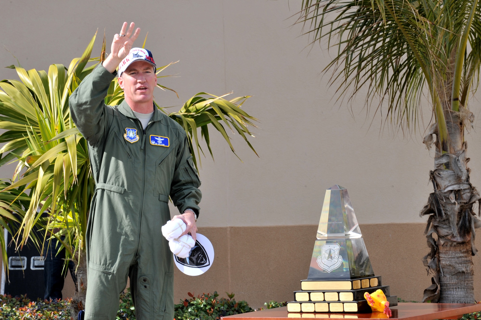 Three times in a row the 45th Space Wing has won the Schriever Trophy, said Wing Commander Col. Ed Wilson. The wing kicked off its quest for a fourth time at a base “All Call” held at the Manatee Cove Golf Course. The Trophy is the top prize in the Guardian Challenge, the premier space and cyberspace competition held every two years. (U.S. Air Force photo/John Connell)