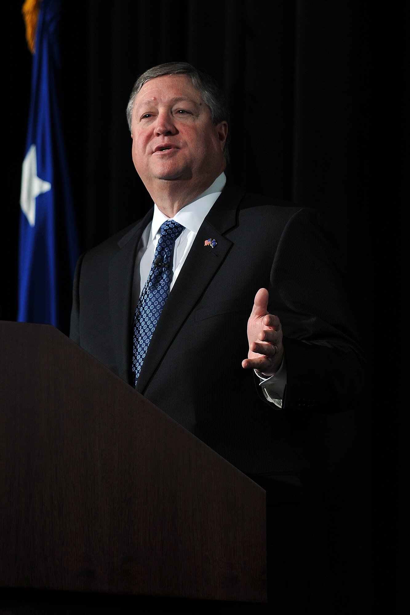 Secretary of the Air Force Michael Donley talks to Air Force Academy cadets about the nature of service in the Arnold Hall Theater Feb. 19, 2010, during the National Character and Leadership Symposium. The secretary was one of 17 keynote speakers for the two-day event; others included veterans of the Battle of Roberts Ridge as well as Baseball Hall of Famer Tommy Lasorda and former NFL head coach Brian Billick. (U.S. Air Force photo/Rachel Boettcher)