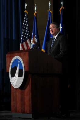 Secretary of the Air Force Michael Donley talks to Air Force Academy cadets about the nature of service in the Arnold Hall Theater Feb. 19, 2010, during the National Character and Leadership Symposium. The secretary was one of 17 keynote speakers for the two-day event; others included veterans of the Battle of Roberts Ridge as well as Baseball Hall of Famer Tommy Lasorda and former NFL head coach Brian Billick. (U.S. Air Force photo/Rachel Boettcher)