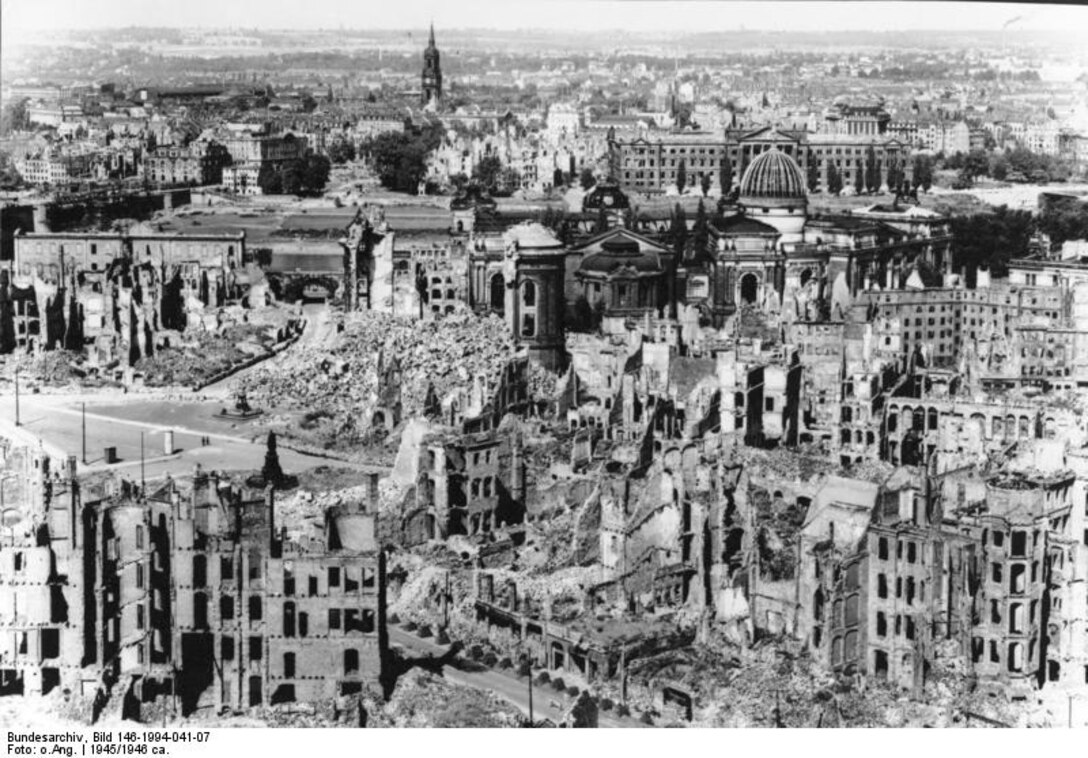 Dresden, after the attacks, is reduced to rubble.  The city has since been rebuilt but some of the ruins were left intact as monuments to the casualties and to remind future generations of the costs of war.  The casualties and destruction of Dresden, although a subject of historical debate, were actually on par with other attacks in World War II.  The fire bombings of Tokyo, for instance, produced 100,000 casualties.   (Courtesy photo)