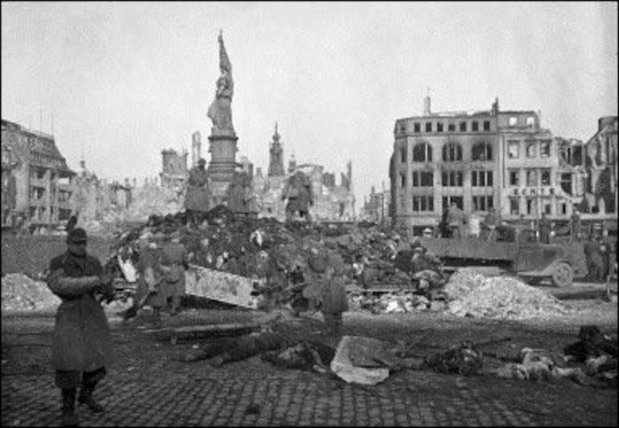 The aftermath of the bombing shows an apocalyptic scene as the city residents attempt to pick through the rubble.  Despite the destruction, it’s key to remember the city was part of the Nazi war-production machine and “precision targeting” had a different definition in 1944 than it does today. (Courtesy photo)