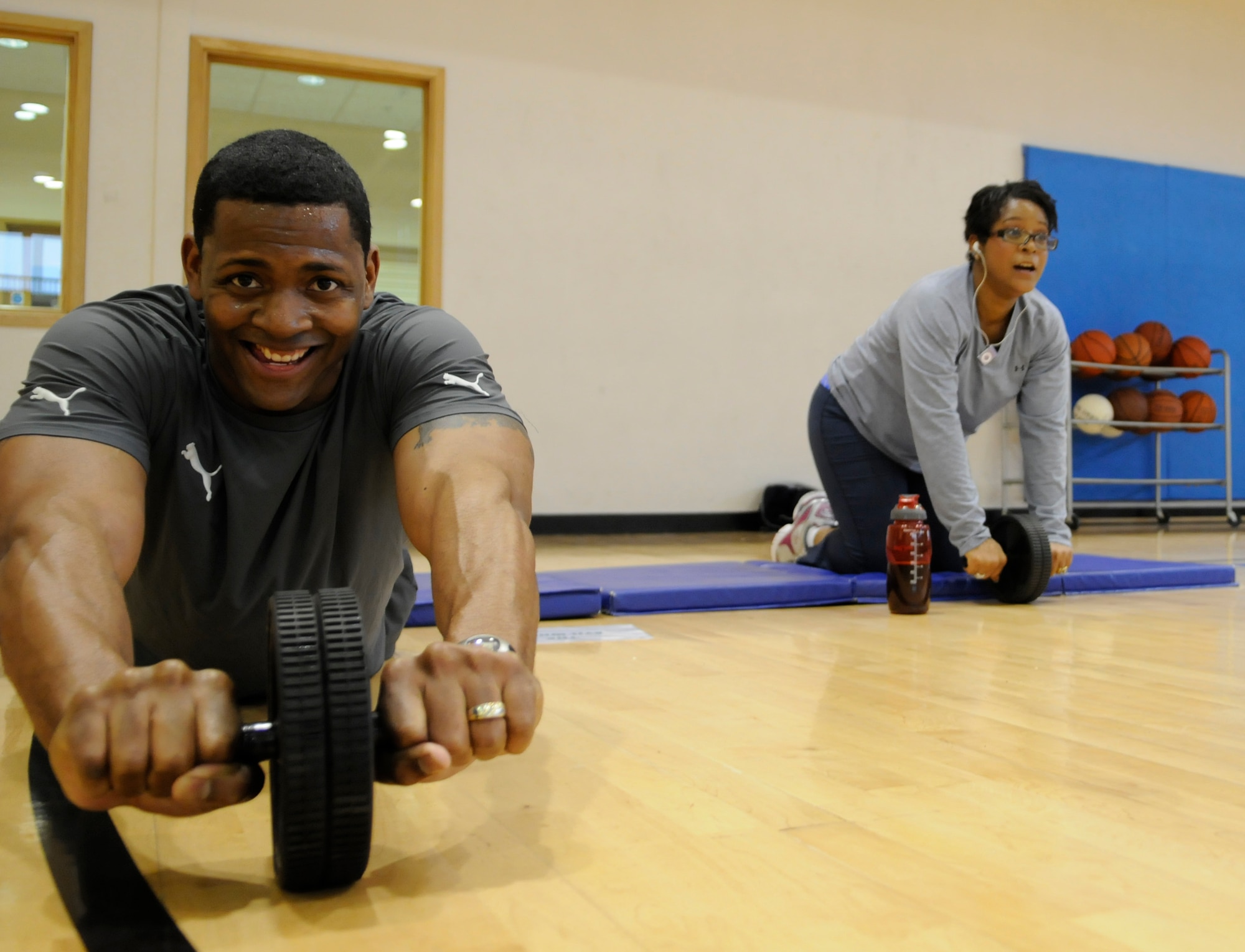 RAF MILDENHALL, England – Master Sgt. Howard Gibson, 351st Air Refueling Squadron, exercises at one of the 32 stations set up at the circuit class at the Hardstand Fitness Center Feb. 24.  The circuit class is highly recommended by the health and wellness center staff for beginners to learn good form and fitness fundamentals.  (U.S. Air Force photo/Staff Sgt. Christopher L. Ingersoll)