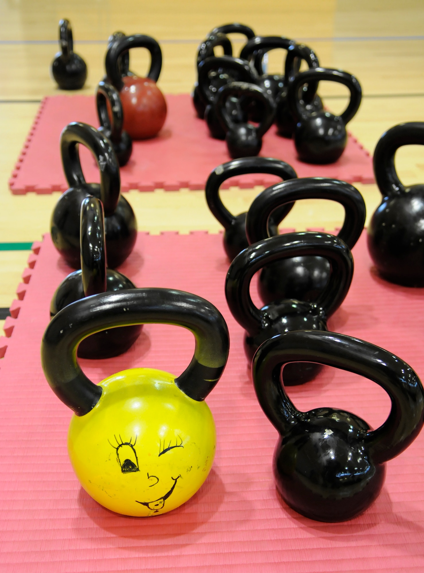 RAF MILDENHALL, England – Kettle bells of various sizes, weights and colors are ready to be used at one of many stations during the circuit class at the Hardstand Fitness Center Feb. 24.  The class offers a full range of exercises that targets the whole body for beginners and up.  (U.S. Air Force photo/Staff Sgt. Christopher L. Ingersoll)