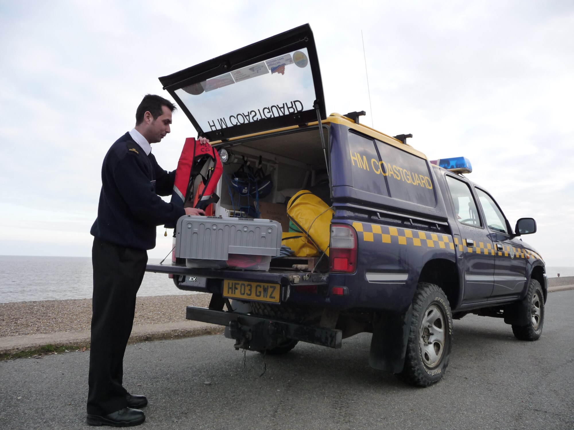 Andrew Norman, 48th Component Maintenance Squadron dedicated engine supply support technician and Her Majesty’s Coast Guard search and rescue officer, checks the lifejackets for safety assurance in the “Aldeburgh Mobile” emergency vehicle at Aldeburgh Beach, Suffolk Feb. 15. (U.S. Air Force/courtesy photo)
