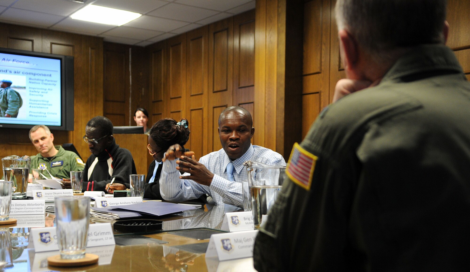 Mr. George Naykene from Ghana News Agency talks with Maj. Gen. Ronald Ladnier, 17th Air Force (Air Forces Africa) commander, to gain a better understanding of the mission and activities of AFAFRICA as the air component for U.S. Africa Command. (U.S. Air Force photo by Staff Sgt. Stefanie Torres)