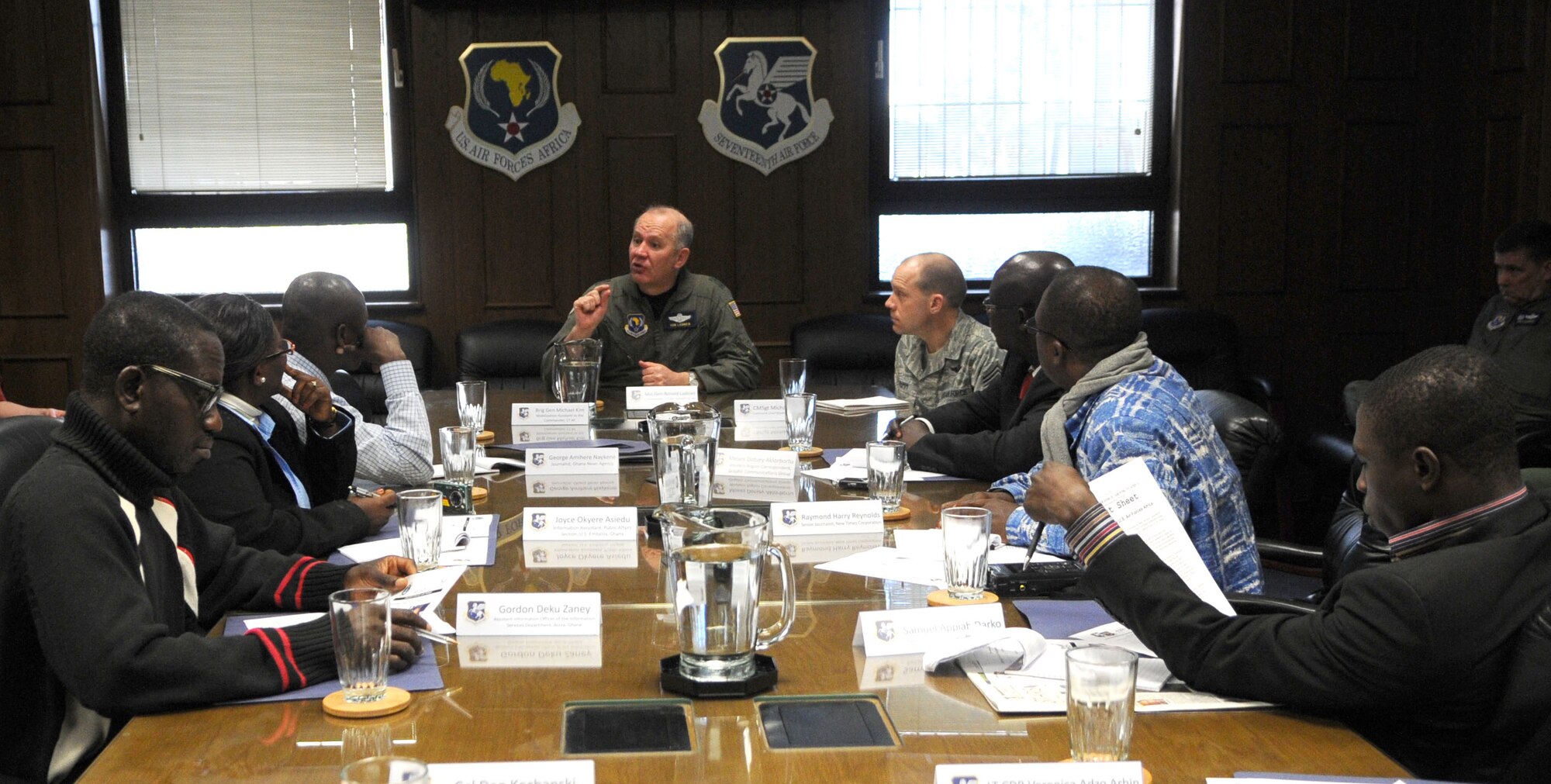 Maj. Gen. Ronald Ladnier, 17th Air Force (Air Forces Africa) commander, speaks with media from Ghana Feb. 24. The visit was conducted to foster a better understanding of 17th Air Force (Air Forces Africa) and U.S. Africa Command. Topics included the mission and intentions of Africa Command in Ghana, 17th AF’s partnership building activities and common misconceptions of U.S. Africa Command on the continent. This Ghanaian delegation was the third group of African journalists General Ladnier has met with since September of 2009, including Cameroon and Senegal. (U.S. Air Force photo by Staff Sgt. Stefanie Torres)