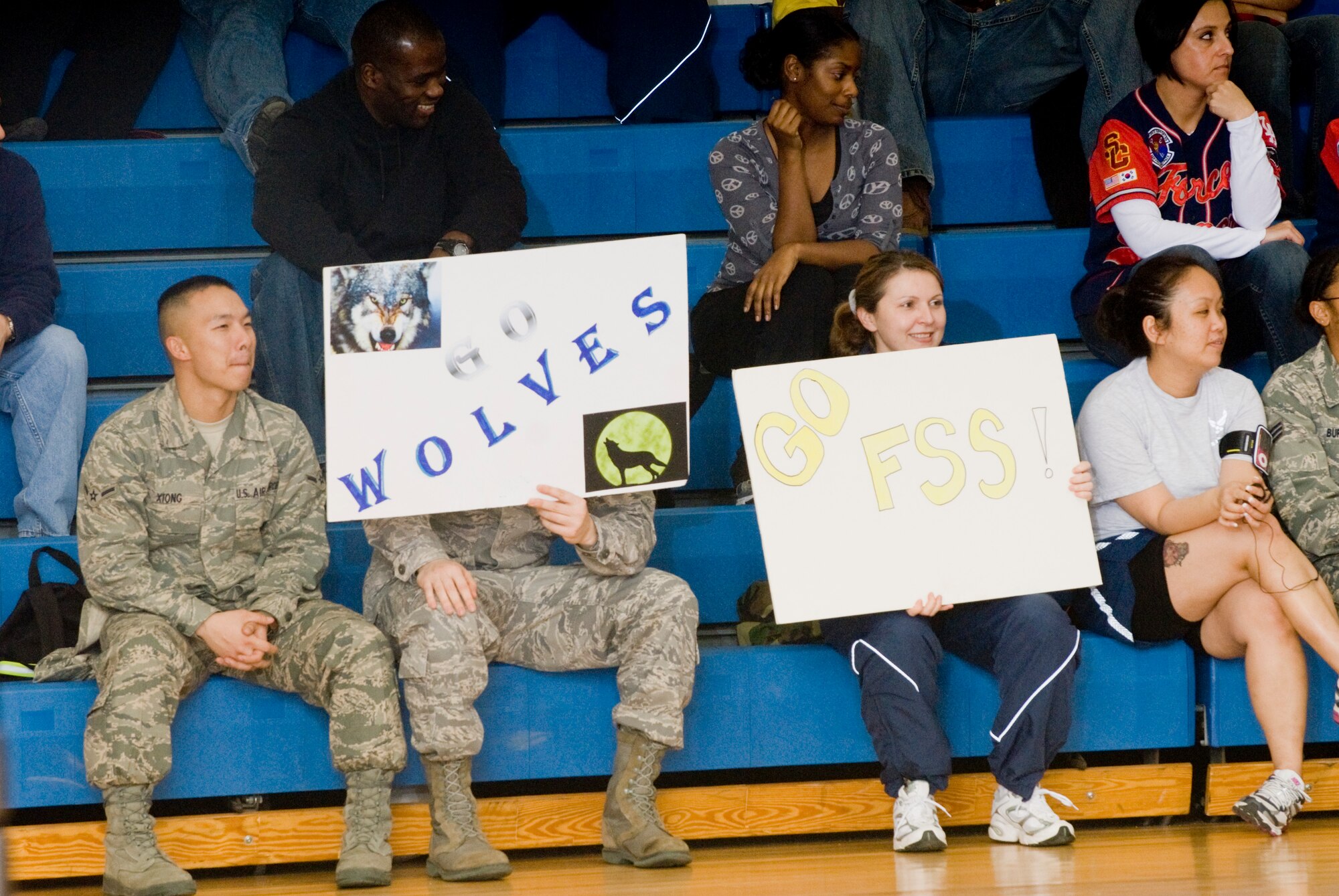 KUNSAN AIR BASE, Republic of Korea -- Wolf Pack members show support for there team during the over 30 basketball championship Feb. 24.  The 8th Force Support Squadron pulled through for the win against the 8th Civil Engineer Squadron 51 to 43.(U.S. Air Force photo/Senior Airman Jonathan Steffen)  

