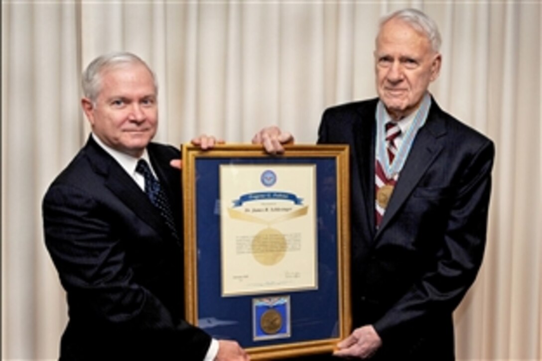 Defense Secretary Robert M. Gates, left, presents the Eugene G. Fubini Award to James R. Schlesinger during ceremonies in conjunction with a meeting of the Defense Science Board at the Pentagon, Feb. 25, 2010. The award recognizes significant contributions to the Defense Department and national security through outstanding scientific and technical advice.  Schlesinger served as CIA director in 1973 and as defense secretary from 1973 to 1975.