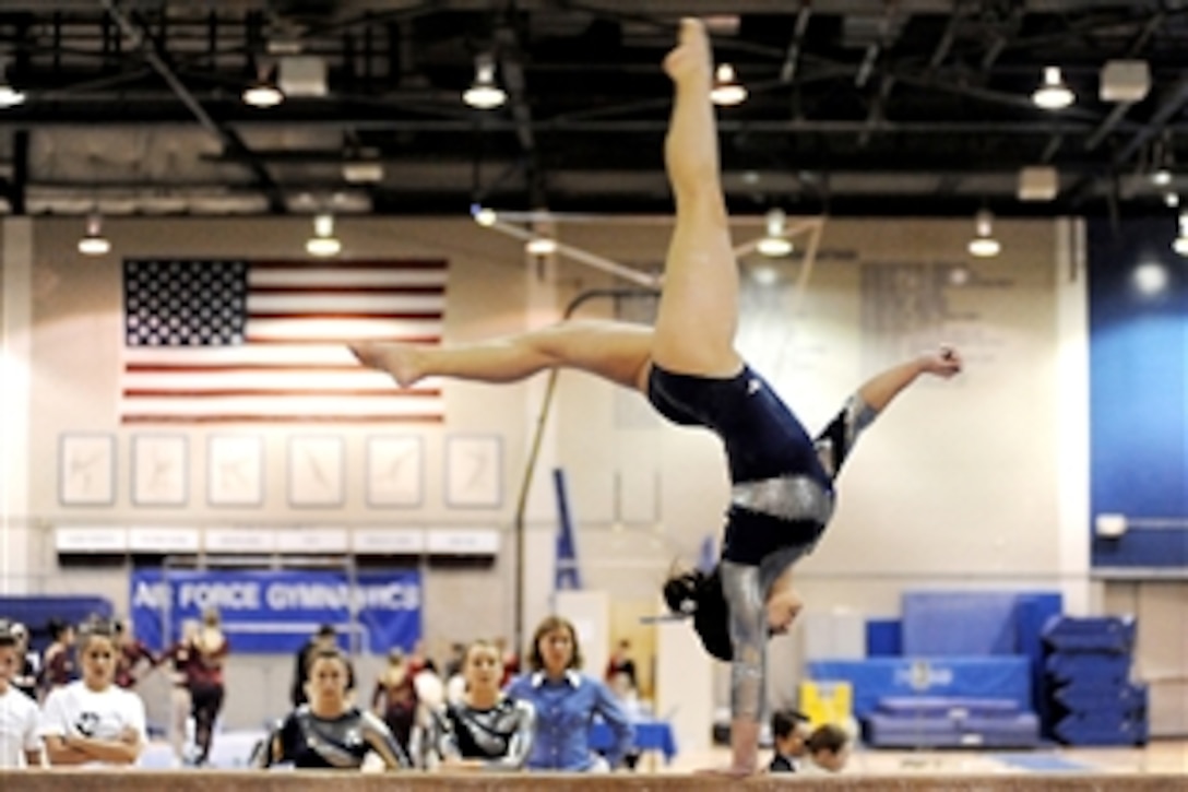 U.S. Air Force Academy freshman Britany Calley performs on the balance beam during the home tri-meet against Southeast Missouri State University and Seattle-Pacific University in the U.S. Air Force Academy's Cadet Gym, Feb. 20, 2010. The Air Force team placed second to Southeast Missouri in the team competition with a score of 188.00. 