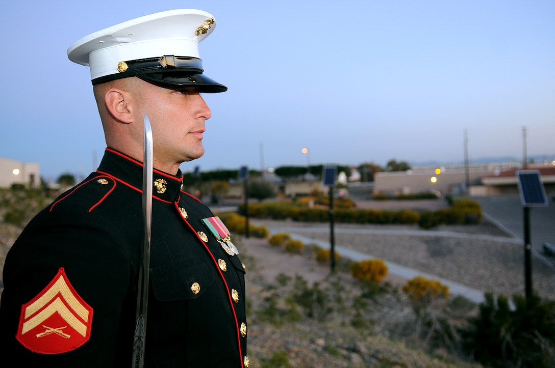 Cpl. Robert Dominguez, a 26-year-old native of Selma, Calif., serves as the Silent Drill Platoon’s latest drill master, tasked with memorizing, teaching and passing down the platoon’s unique drill manual, called slide drill. In addition to teaching and critiquing the platoon’s drill, Dominguez is also responsible for creating a new drill sequence for the platoon to perform and for selecting the year’s new members and the 24 Marines who will drill during performances. The position of drill master is passed down each year, just as the drill sequence changes each year. Dominguez, who is in his third year with the platoon, is the platoon’s 62nd drill master. “It’s a great honor to be the 62nd drill master of the Marine Corps Silent Drill Platoon, teaching the manual to Marines and passing it on,” said Dominguez, who became the drill master Nov. 4, 2009. “I am the keeper of the Silent Drill Platoon’s traditions.”