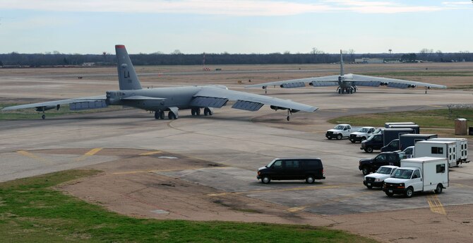 BARKSDALE AIR FORCE BASE, La. - Two B-52H Stratofortresses make their way to the runway during a Nuclear Operational Readiness Exercise here Feb 25. The exercise tested the wing’s operations planning and ability to generate a large number of B-52s to support the global strike mission. (U.S. Air Force photo by Senior Airman La’Shanette V. Garrett) (RELEASED)