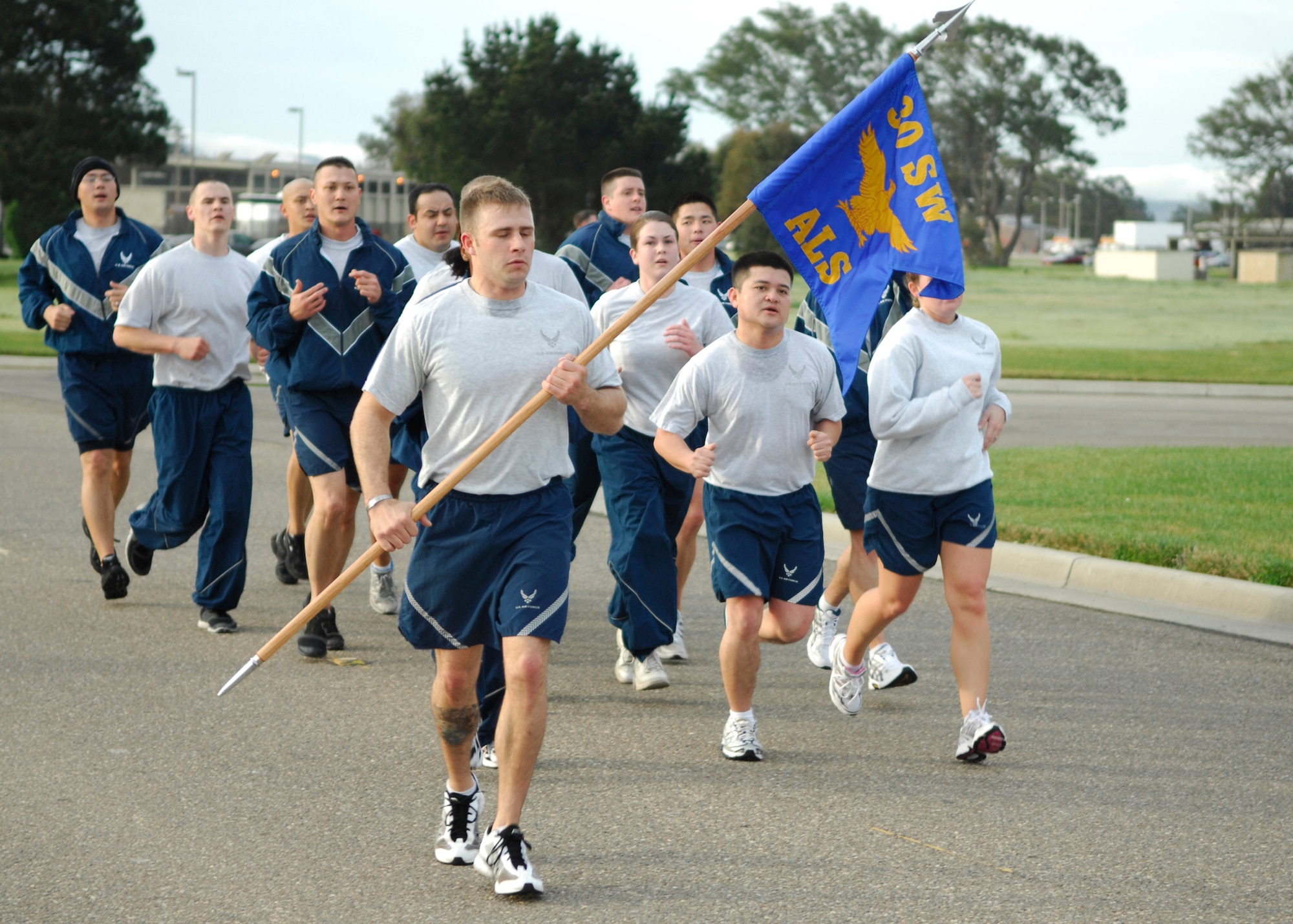 VANDENBERG AIR FORCE BASE, Calif. -- Learning to do things as a group, Airman Leadership School students complete the monthly Fit-to-Fight Run here Feb. 26, 2010. The ALS class is scheduled to graduate in March.(U.S. Air Force photo/Airman 1st Class Heather Shaw)