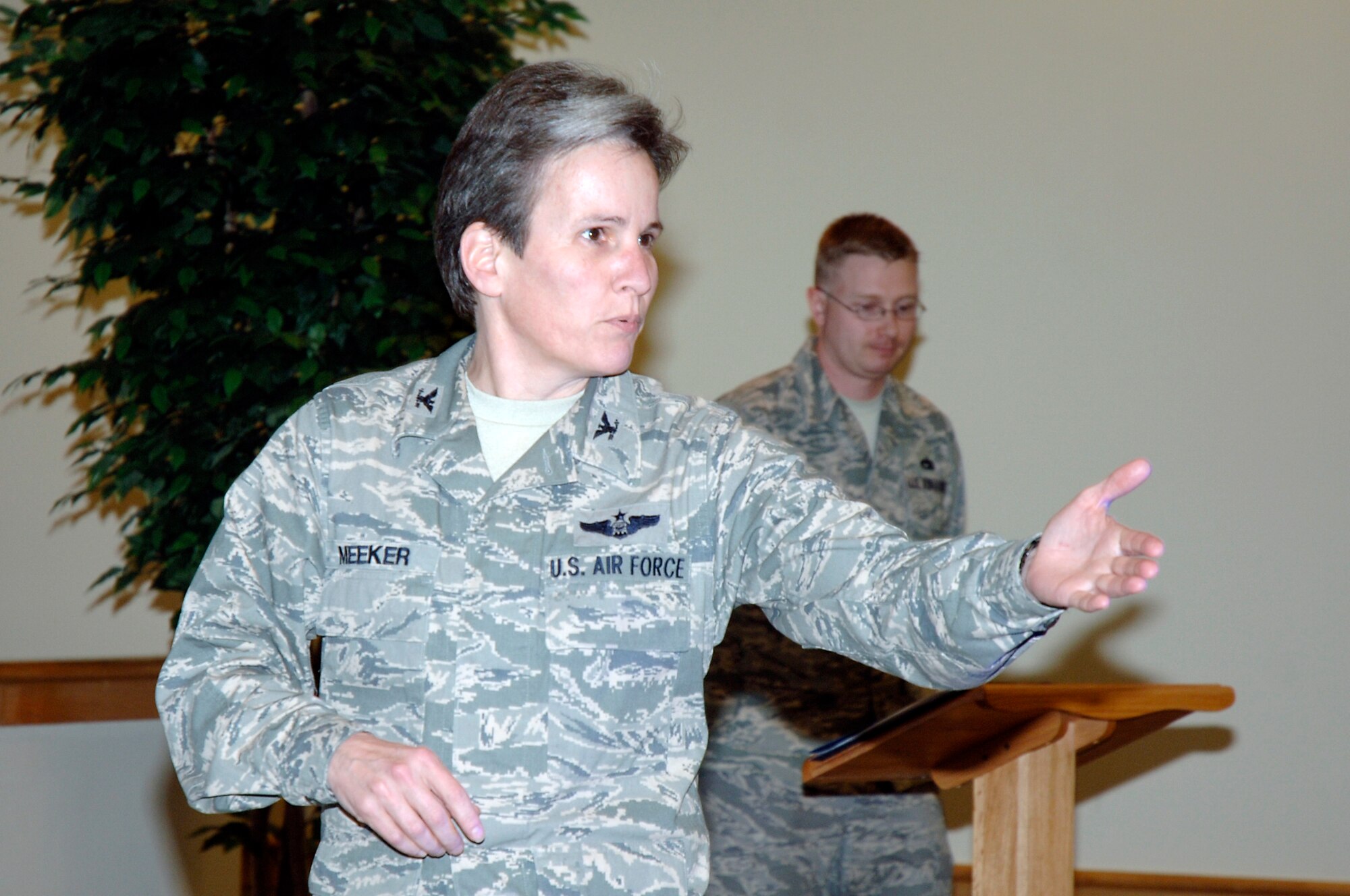 Col. Martha Meeker gives her opening remarks at the Little Heroes ceremony held at the Education and Training Center Feb. 25 at Joint Base Charleston. Little Heroes is a ceremony to recognize children for the sacrifices they made during a parent’s recent deployment. Each child is presented with a medallion with a C-17 imprinted on the face and a certificate signed by the parent’s respective wing commander. Colonel Meeker is the 628th Air Base Wing commander. (U.S. Air Force photo/Staff Sgt. Marie Brown/Released)