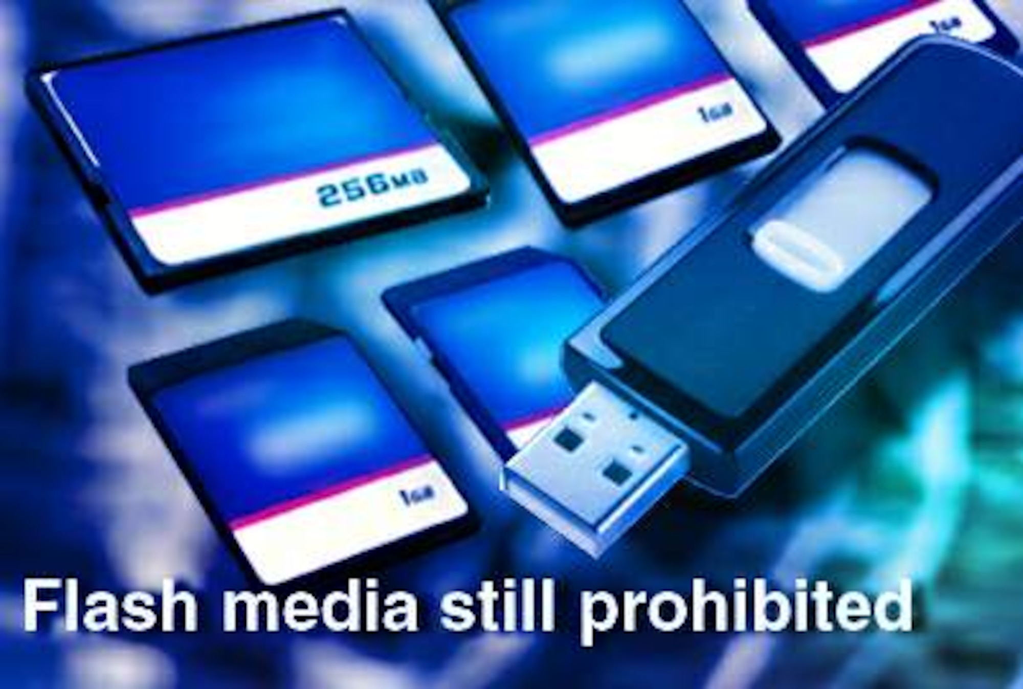 The ban on flash media use in the Air Force is still in place. Consistent with this order, Air Force officials decided to continue its servicewide ban on flash media devices until Air Force specific guidelines and procedures are determined. (U.S. Air Force graphic)