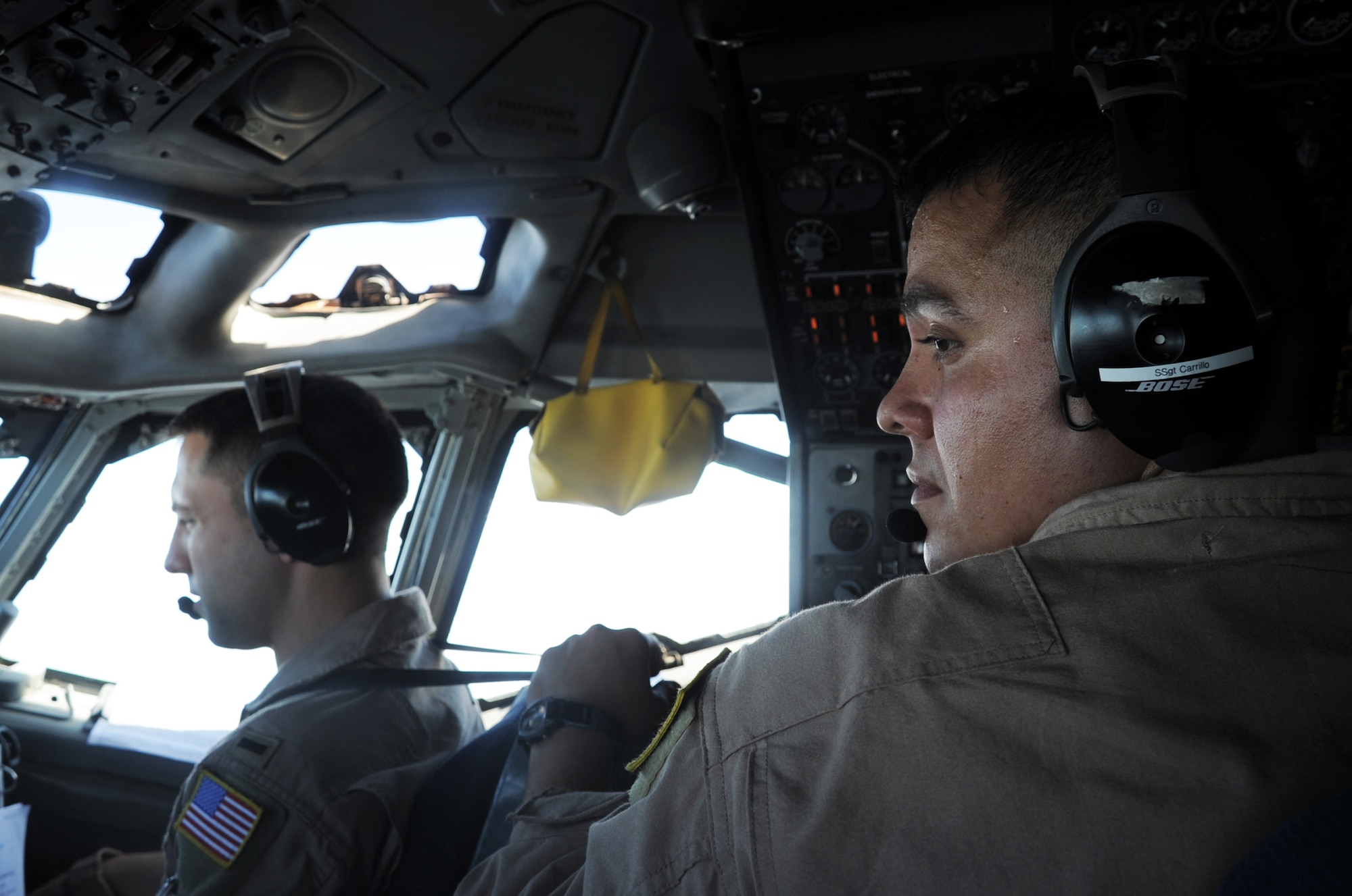 First Lt. Anthony Dorazio, E-3 Sentry Airborne Warning and Control System aircraft co-pilot, and Staff Sgt. Abel Carillo, flight engineer, prepare an E-3 Sentry for a mission during operations at a non-disclosed base in Southwest Asia on Feb. 16, 2010. Both Airmen are deployed with the 965th Expeditionary Aircraft Airborne Air Control Squadron -- part of the 380th Air Expeditionary Wing. Their home station is Tinker Air Force Base, Okla. Lieutenant Dorazio's hometown is Clovis, N.M., and Sergeant Carillo's hometown is San Antonio, Texas. (U.S. Air Force Photo/Master Sgt. Scott T. Sturkol/Released)