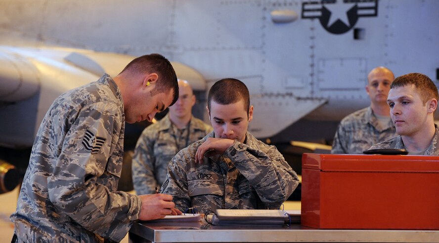 MOODY AIR FORCE BASE Ga. -- Tech. Sgt. Shawn Burchfield, 75th Aircraft Maintenance Unit weapons load crew chief, fills out a final checklist while Senior Airman Edwin Lopez and Senior Airman Casey Allen, 75th AMU weapons load crew members, wait for him to finish during the 2009 Annual Load Crew Competition here Feb. 12. This final check is completed by each team to ensure all steps have been completed and nothing has been overlooked.  (U.S. Air Force photo by Airman 1st Class Joshua Green)