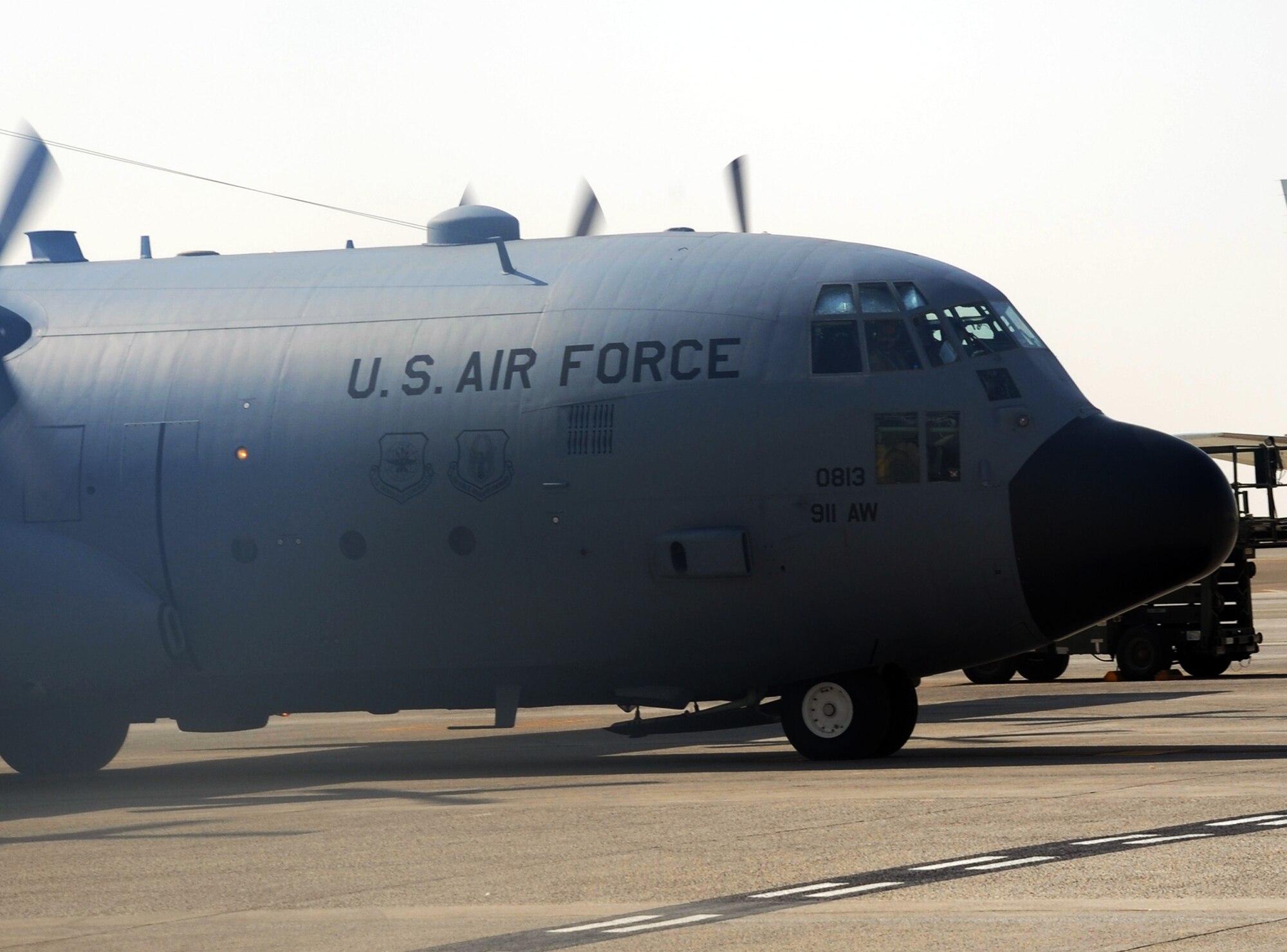 An Air Force Reserve C-130 Hercules is ready to depart for an airlift mission at a non-disclosed base in Southwest Asia on Feb. 16, 2010.  The C-130, deployed from the Pennsylvania Air National Guard's 911th Airlift Wing at Pittsburgh, is one of the main airlift airplanes ised in the U.S. Central Command area of responsibility moving tons of cargo and thousands of people every day. (U.S. Air Force Photo/Master Sgt. Scott T. Sturkol/Released) 