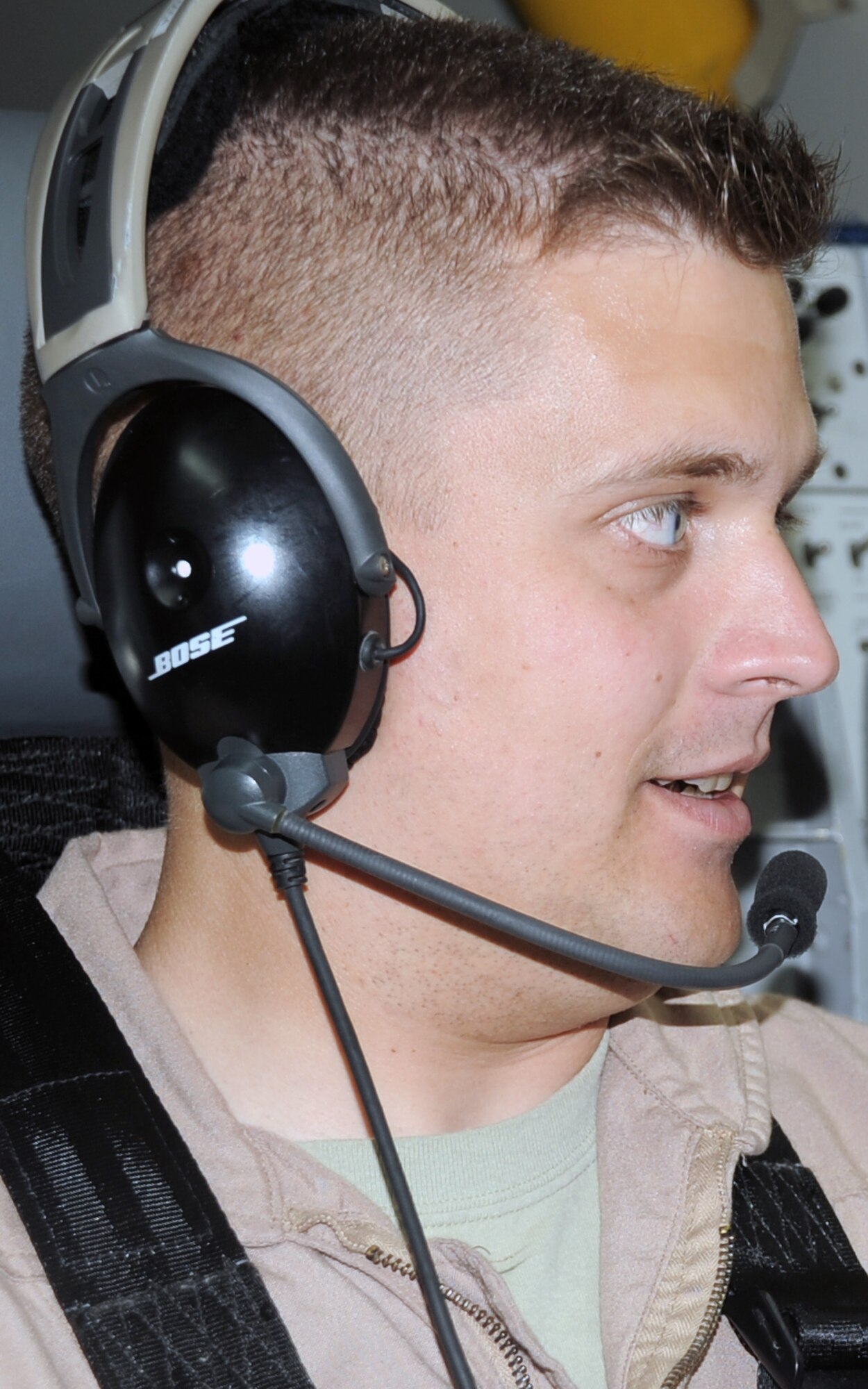 Capt. Samuel Lawrence, an E-3 Sentry Airborne Warning and Control System aircraft air weapons officer with the 965th Expeditionary Airborne Air Control Squadron, flies on a deployed E-3 air mission in Southwest Asia on Feb. 16, 2010. Captain Lawrence is deployed from Tinker Air Force Base, Okla., and his hometown is Bethlehem, Penn. (U.S. Air Force Photo/Master Sgt. Scott T. Sturkol/Released)
