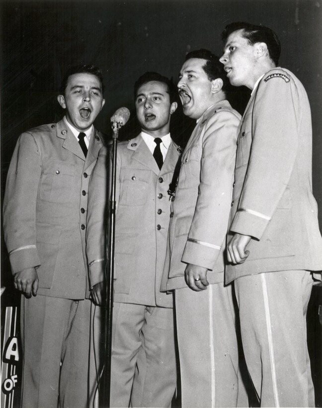 Airmen of Note vocal quartet the “Crew Chiefs” perform.  Members are (left to right): Tommy Tomlinson, Bobby Zottola, Mel Owen, and Ray Winslow.  If you have any other stories you can share about the event, please email our Band Historian <a href="mailto:usafbandhistorian@afncr.af.mil">Technical Sgt. Tracey MacDonald</a>. Thank you and we look forward to hearing from you!  This is Photo 28. (Unknown Photographer)