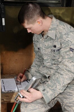 U.S Air Force Airman 1st Class Jason Rayner, 376th Expeditionary Logistics Readiness Squadron fuels journeyman, logs a fuel reading while he pumps JP8 into a petroleum, oil and lubricants fuel truck Feb. 26, 2010. The 376th ELRS POL Airmen deployed to the Transit Center at Manas, Kyrgyzstan, broke their own record Feb. 18 by pumping 544,758 gallons of jet fuel in a 24-hour period. The standing record, which the previous flight set Oct. 8, 2009, was 501,662 gallons in 24 hours. Airman Rayner, a Houston, Texas, native deployed from Altus Air Force Base, Okla., pumped 43,744 gallons that day. (U.S. Air Force photo/Senior Airman Nichelle Anderson/released)