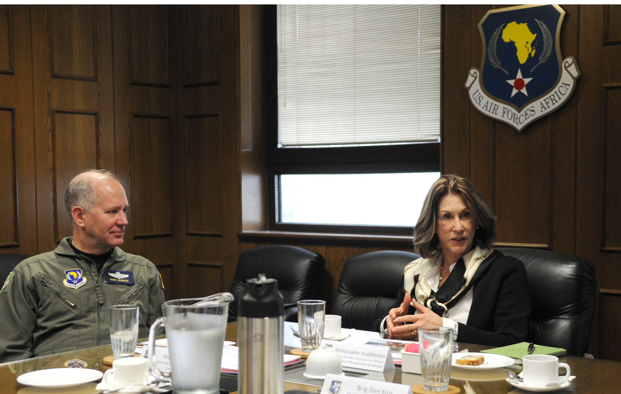 Deputy Assistant Secretary of Defense for African Affairs Vicki Huddleston visited 17th Air Force Feb. 24 to get a first-hand look at the air component’s programs and objectives in support of U.S. Africa Command. During her visit to 17th Air Force, Huddleston met with senior staff directors to discuss component programs and initiatives and toured the headquarters facility to meet with some of the Airmen whose efforts are supporting U.S. government objectives on the continent. (U.S. Air Force photo by Staff Sgt. Stefanie Torres)
