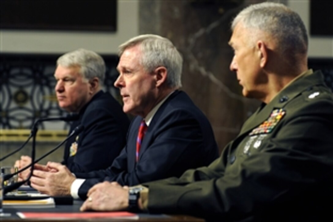 Chief of Naval Operations Adm. Gary Roughead, left, Navy Secretary Ray Mabus and Commandant of the Marine Corps Gen. James T. Conway testify before the Senate Armed Services Committee on the 2011 defense budget in Washington, D.C., Feb. 25, 2010.