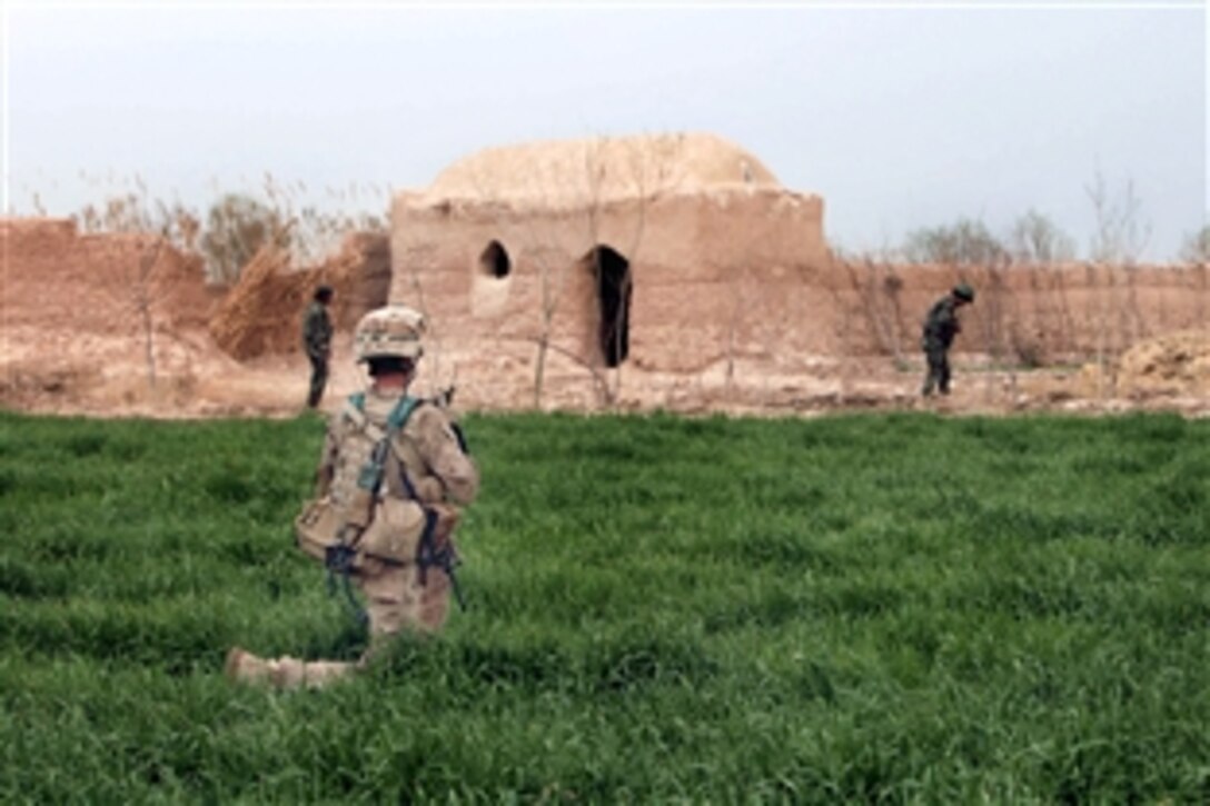 U.S. Marines and Afghan soldiers conduct a patrol near Marja, Afghanistan, Feb. 21, 2010. The Marines are assigned to Charlie Company, 1st Battalion, 3rd Marine Regiment.
