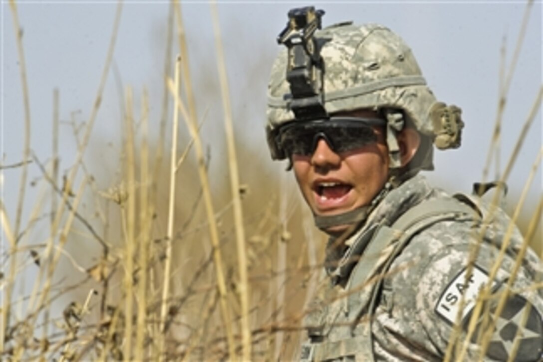 U.S. Army Spc. Jered Nelson, with Alpha Company, 1st Battalion, 17th Infantry Regiment, yells out instructions as he engages in a small-arms firefight with insurgents during Operation Helmand Spider in Badula Qulp, Helmand province, Afghanistan, on Feb. 17, 2010.  
