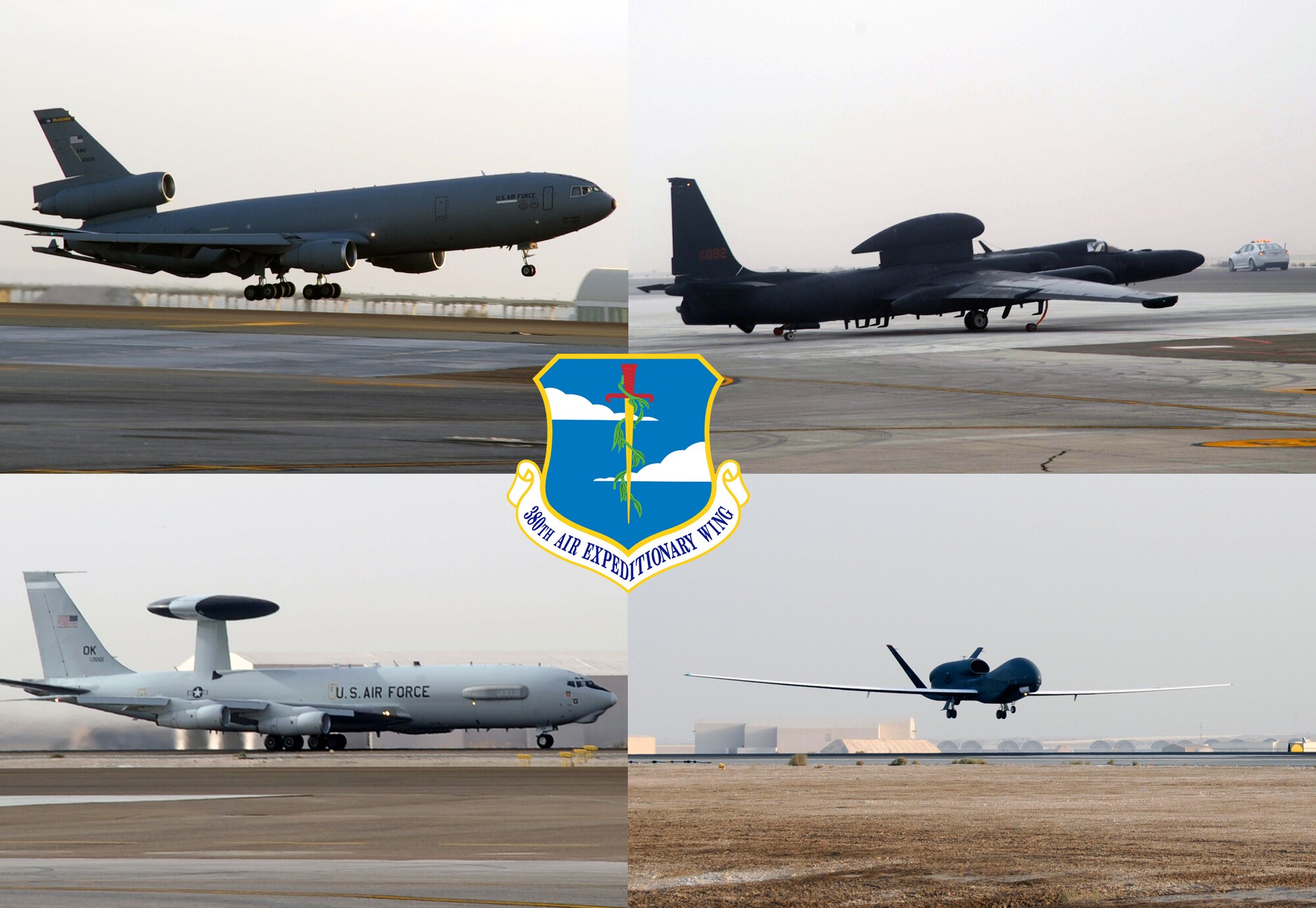 This photo illustration highlights the four different airframes in the 380th Air Expeditionary Wing at a non-disclosed location. The picture includes (clockwise from top left) the KC-10 Extender, U-2 Dragonlady, RQ-4 Global Hawk and E-3 Sentry Airborne Warning and Control Sytem aircraft. All of the airframes are tools of the trade for the Airmen of the 380th Air Expeditionary Wing as they support operations Iraqi Freedom, Enduring Freedom and the Combined Joint Task Force-Horn of Africa. (U.S. Air Force Photo Illustration/Master Sgt. Scott T. Sturkol/Released)